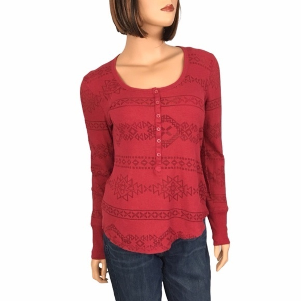 Route 66 Aztec Henley Top Raspberry Shirt M Women Scoop Neck T Shirt Long Sleeve